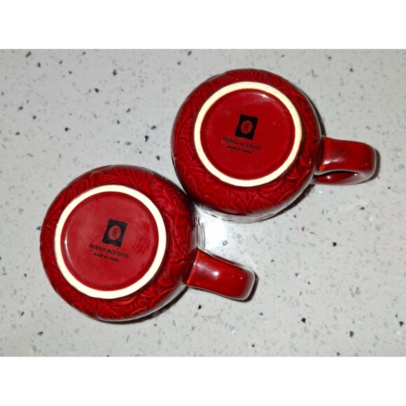 Rare HiEnd Accents Savanna Tooled Leather Look Stoneware Coffee Mugs Red St of 2 - Picture 6 of 9